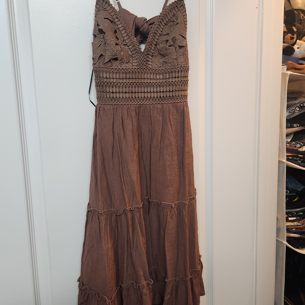 Lace Detail Brown Mini Dress
